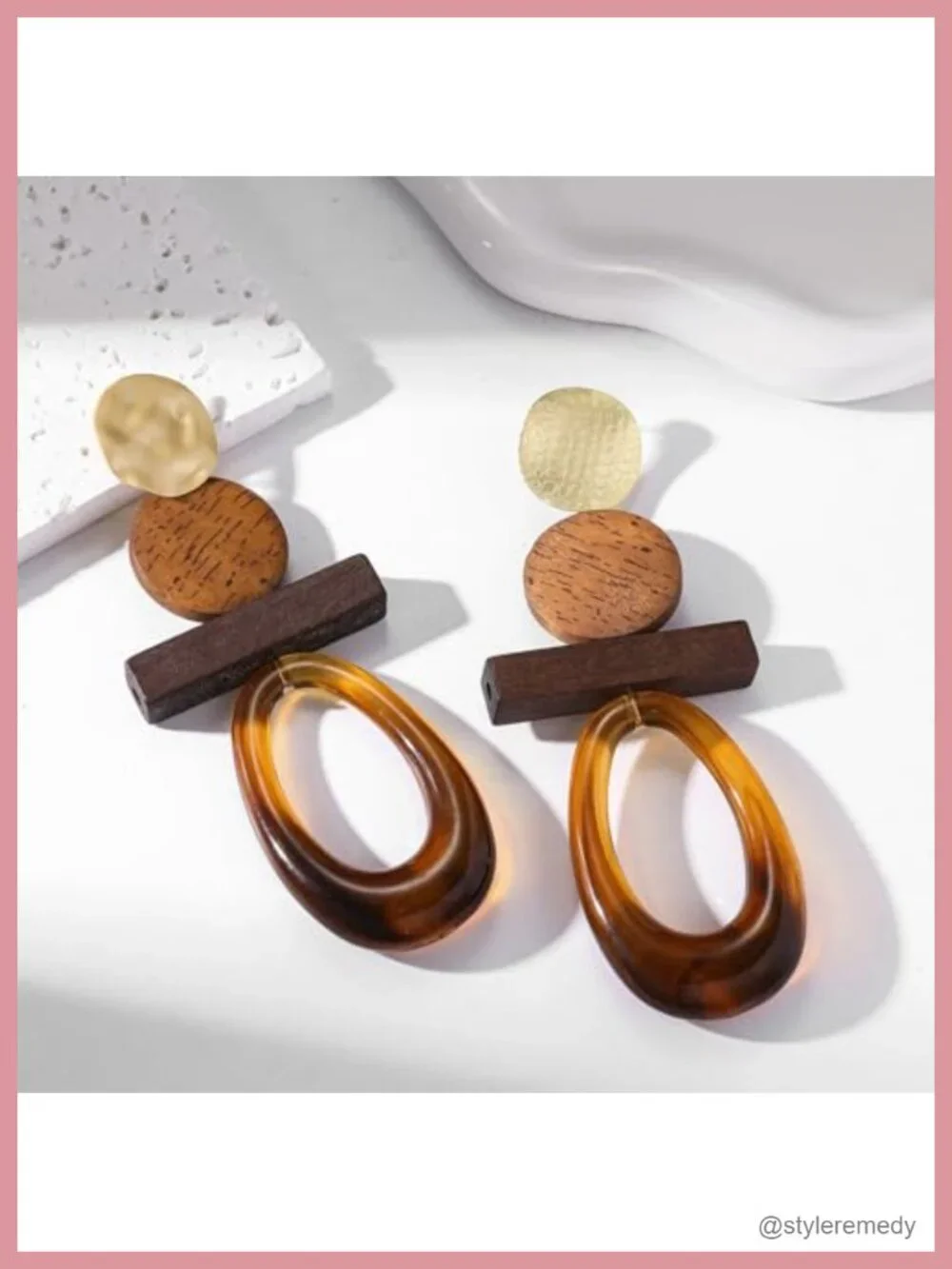 Vintage Geometric Dangle Earrings, Chunky Statement Boho Wood Resin Acrylic